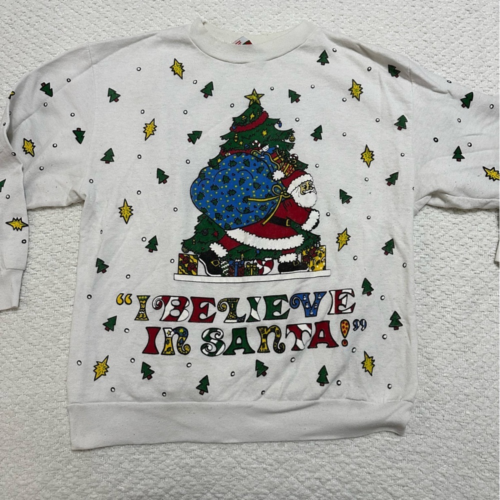 Holiday Time I Believe in Santa Vintage Sweatshirt Christmas Tree Size Large